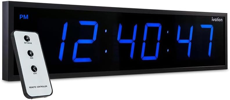 Ivation Oversized Large Digital Wall Clock - Big LED Digital Clock w/Large Display, Shelf or Wall Mount (24 Inch - Blue) 6 Brightness Levels | Time Memory | Remote, Mounting Holes & Hardware