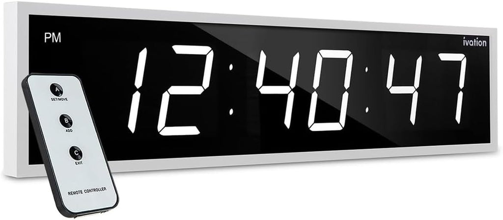 Ivation Oversized Large Digital Wall Clock - Big LED Digital Clock w/Large Display, Shelf or Wall Mount (36 Inch - White) 6 Brightness Levels | Time Memory | Remote, Mounting Holes & Hardware